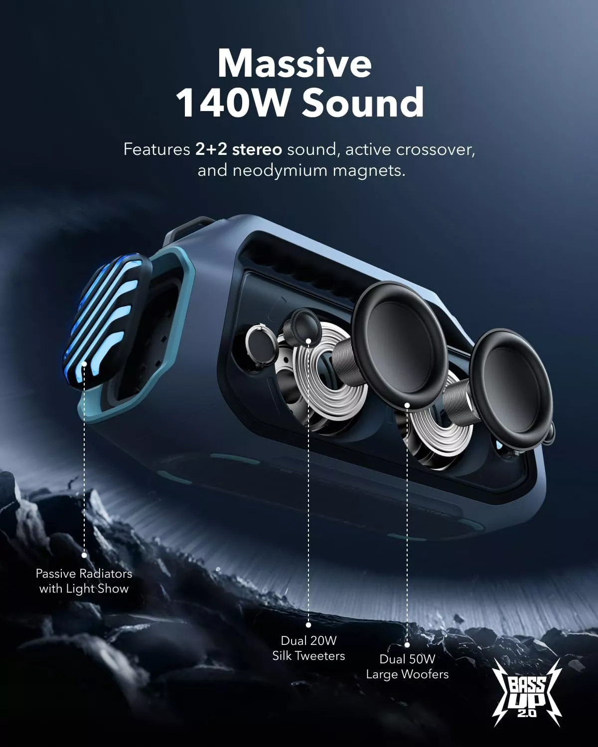 Enceinte Bluetooth Portable Anker SoundCore Boom 2 Plus Nouvelle Version, 140W, TWS, RGB, Étanche, Bleue A3134032