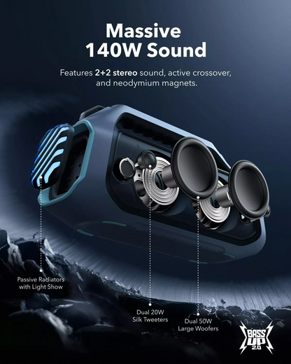 Enceinte Bluetooth Portable Anker SoundCore Boom 2 Plus Nouvelle Version, 140W, TWS, RGB, Étanche, Bleue A3134032