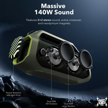 Enceinte Portable Bluetooth Anker SoundCore Boom 2 Plus, 140W, TWS, RGB, Étanche, Verte, Reconditionnée A3134061
