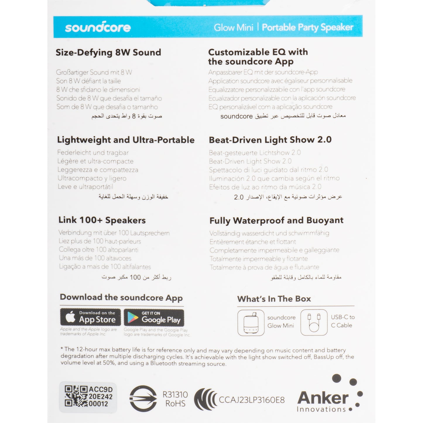 Tragbarer Bluetooth-Lautsprecher Anker SoundCore Glow Mini, 8 W, RGB, wasserdicht, schwarz A3136G11 