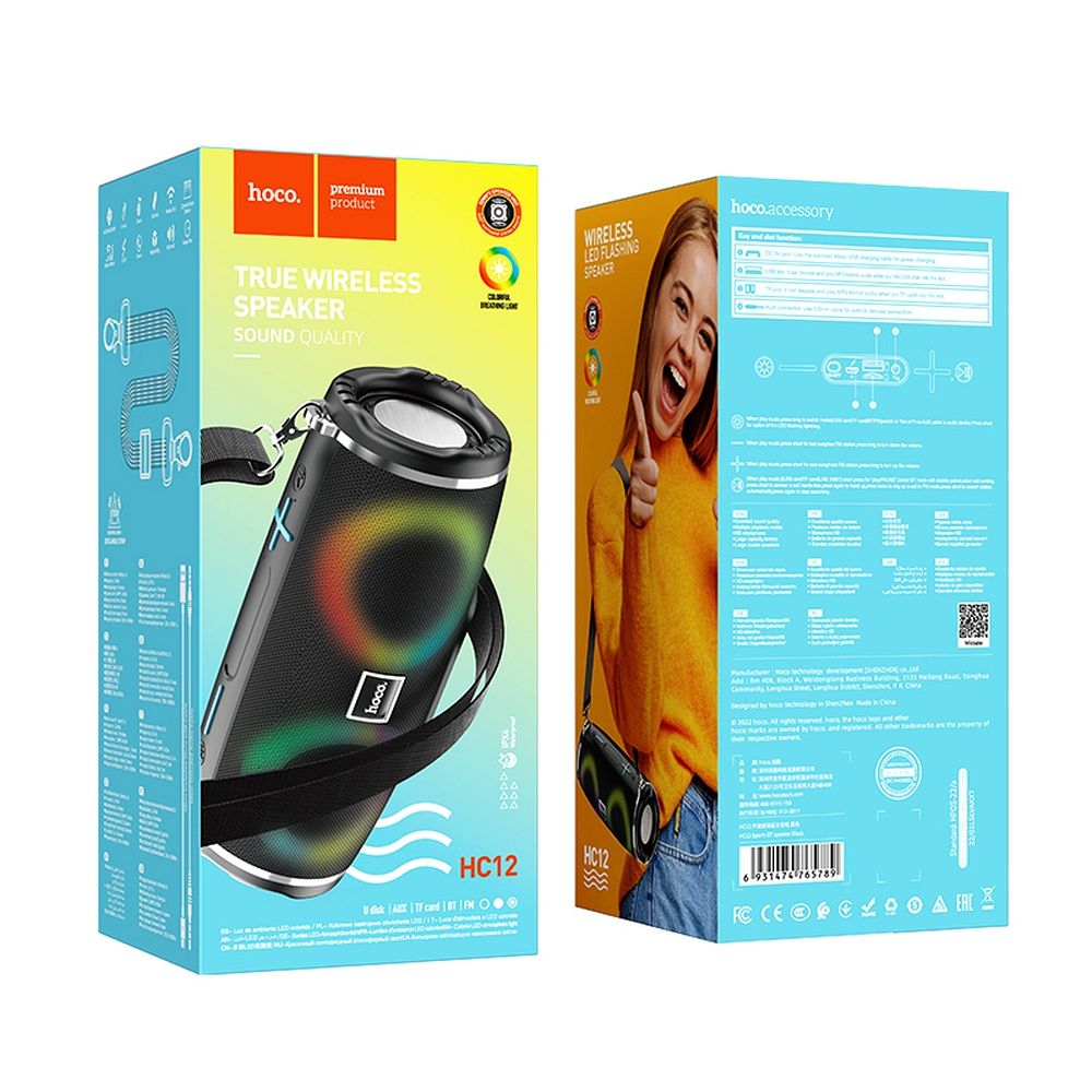 Enceinte Portable Bluetooth HOCO HC12, 10W, RGB, Étanche, Noire