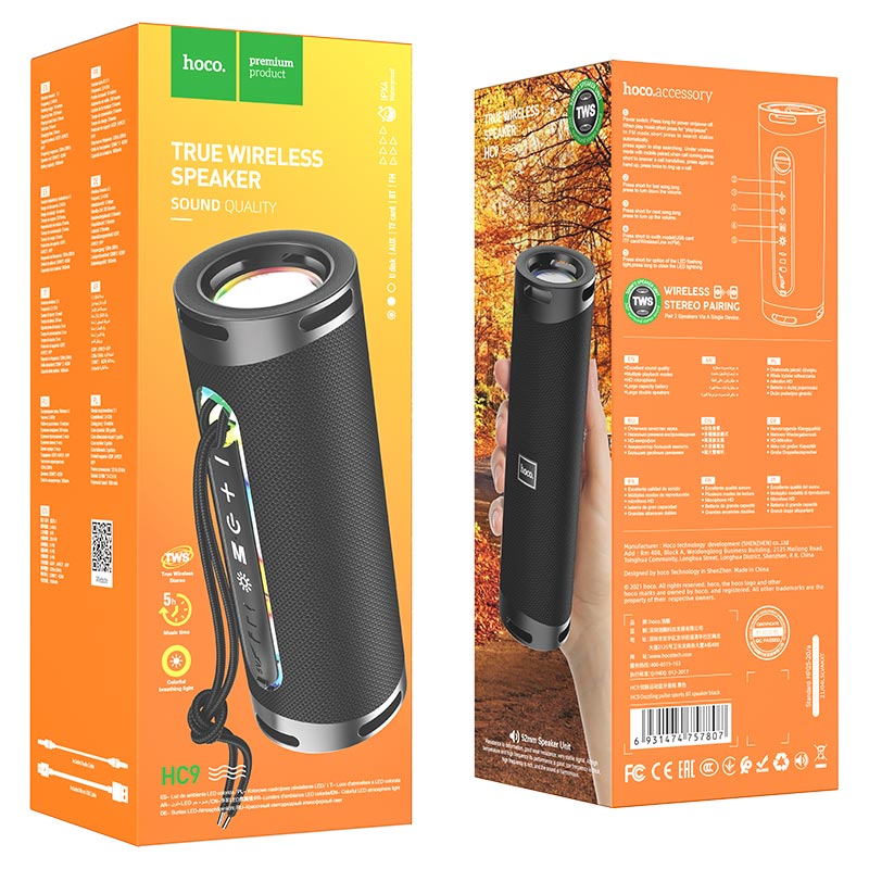 Tragbarer Bluetooth-Lautsprecher HOCO HC9 Dazzling Pulse Sports, 10W, TWS, RGB, Schwarz