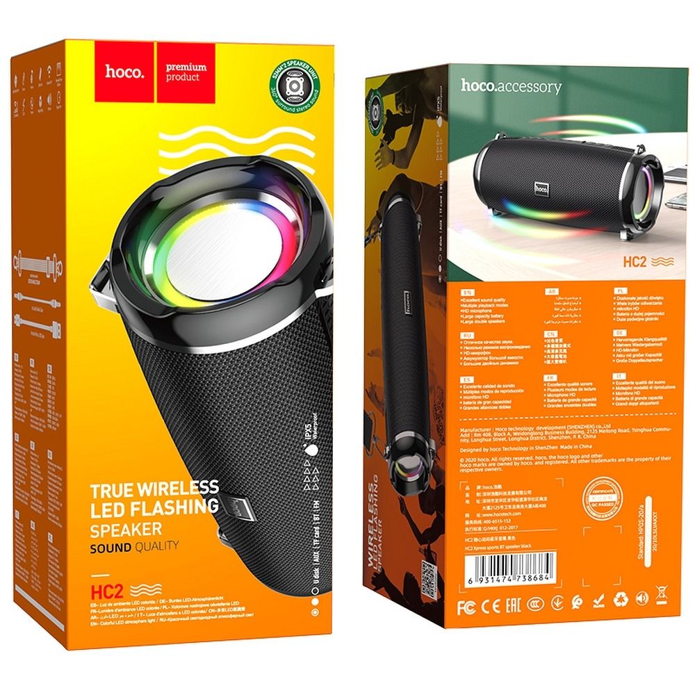 Tragbarer Bluetooth-Lautsprecher HOCO HC2, 2 x 5W, TWS, RGB, Schwarz