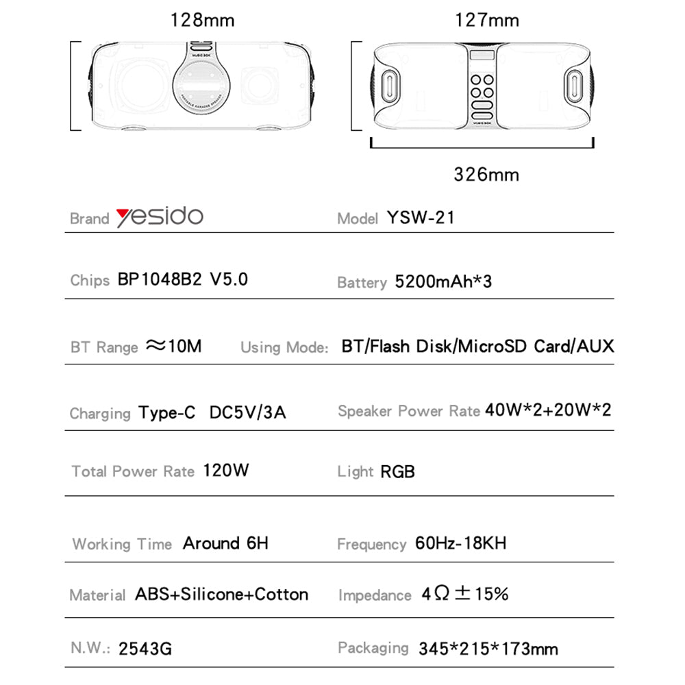 Bluetooth-Lautsprecher Yesido YSW21 Karaoke, 120W, RGB, wasserdicht, Schwarz