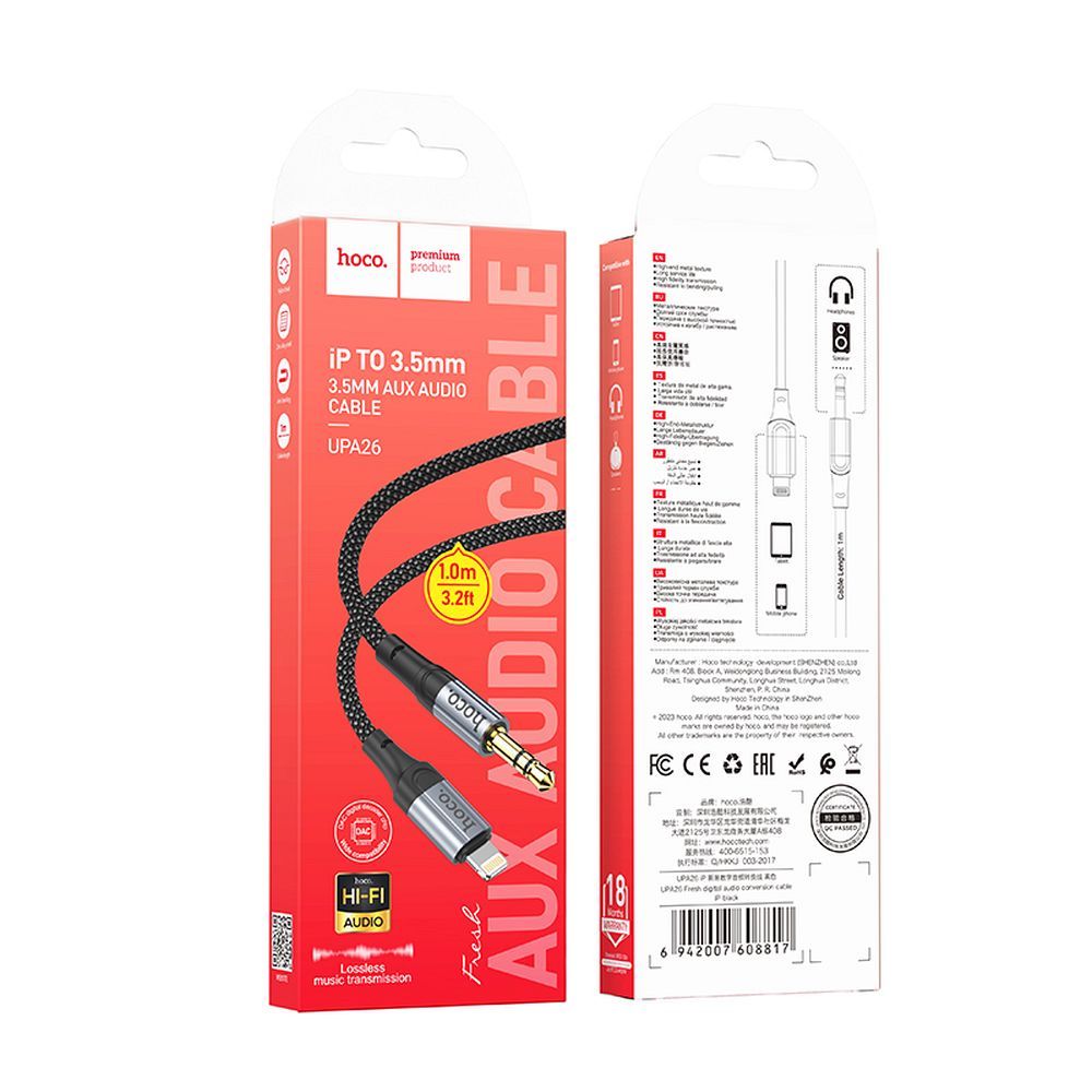 Audio-Kabel Lightning - 3,5mm HOCO UPA26, 1m, Schwarz