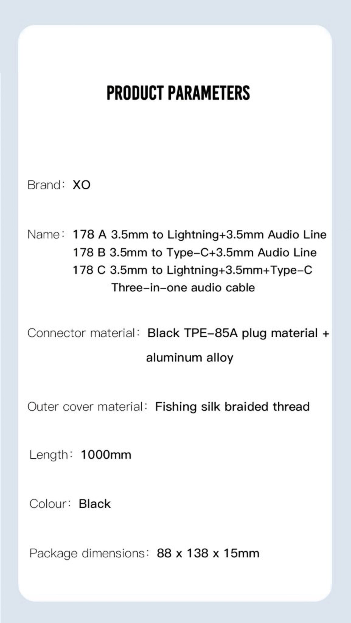 Audio-Kabel USB-C / 3.5mm - 3.5mm XO Design NB178B, 1m, Schwarz