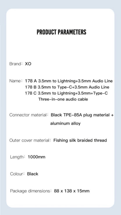 Audio-Kabel USB-C / 3.5mm - 3.5mm XO Design NB178B, 1m, Schwarz