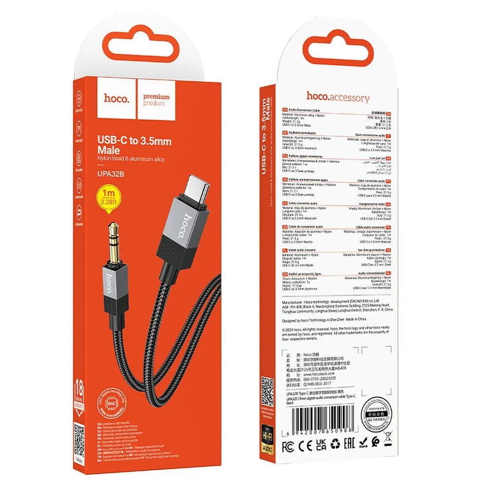 Audio-Kabel USB-C - 3,5mm HOCO UPA32B, 1m, Schwarz