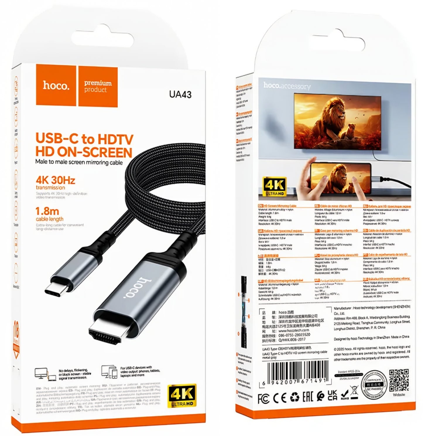 Audio- und Videokabel USB-C - HDMI HOCO UA43, 1,8 m, Grau