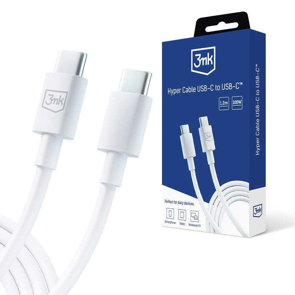 USB-C Data and Charging Cable - USB-C 3MK Hyper, 100W, 1.2m, White 