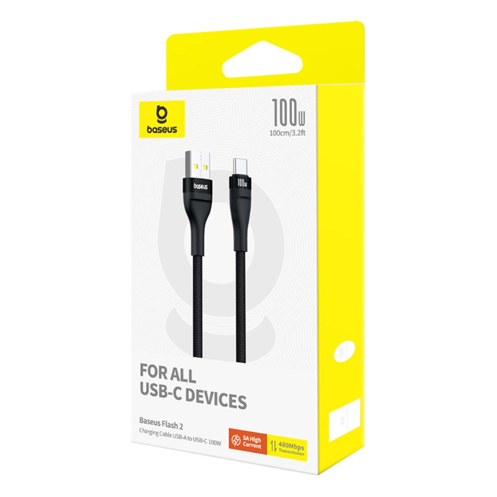 Cablu Date si Incarcare USB-A - USB-C Baseus Flash Series II, 100W, 1m, Negru P10311804111-00