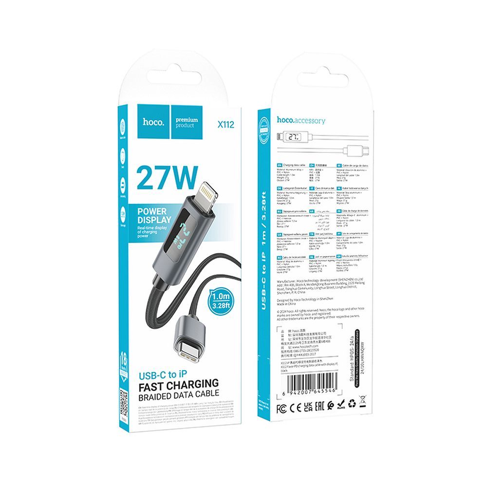 Daten- und Ladekabel USB-C - Lightning HOCO Display X112, 27W, 1m, Schwarz