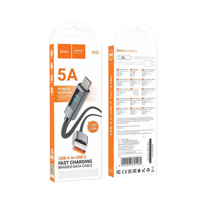 Câble de Données et de Charge USB-A - USB-C HOCO Display X112, 100W, 1m, Noir