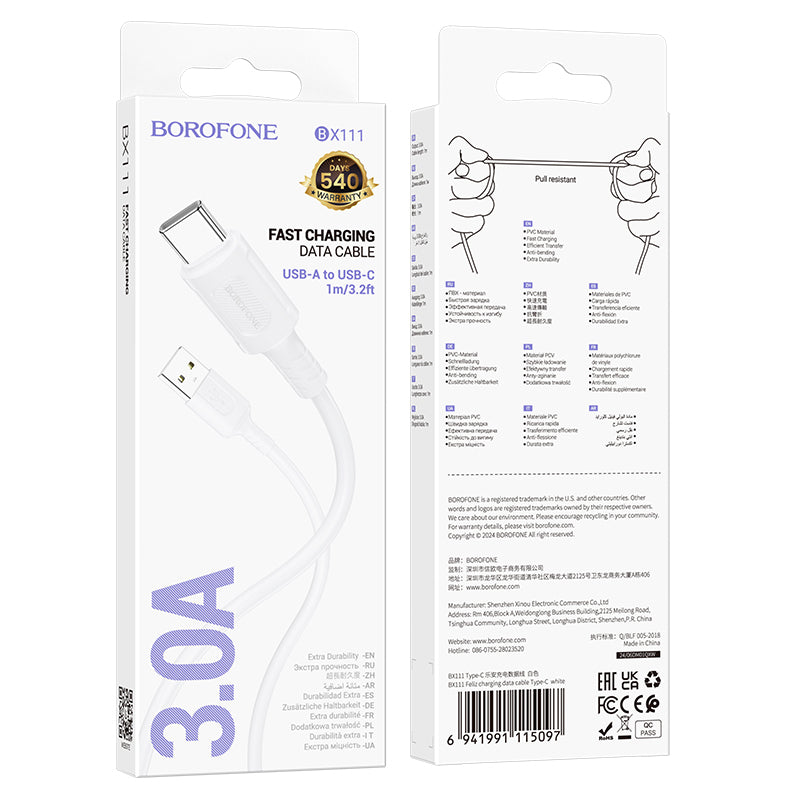 Câble de Données et de Charge USB-A - USB-C Borofone BX111 Feliz, 20W, 1m, Blanc