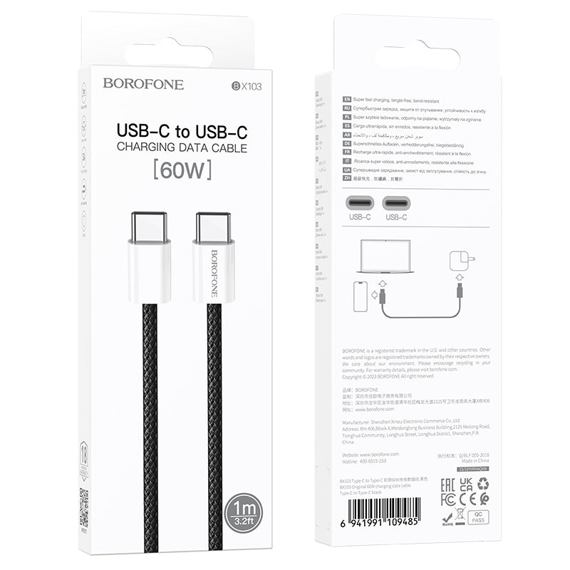 USB-C Daten- und Ladekabel - USB-C Borofone BX103 Original, 60W, 1m, Schwarz