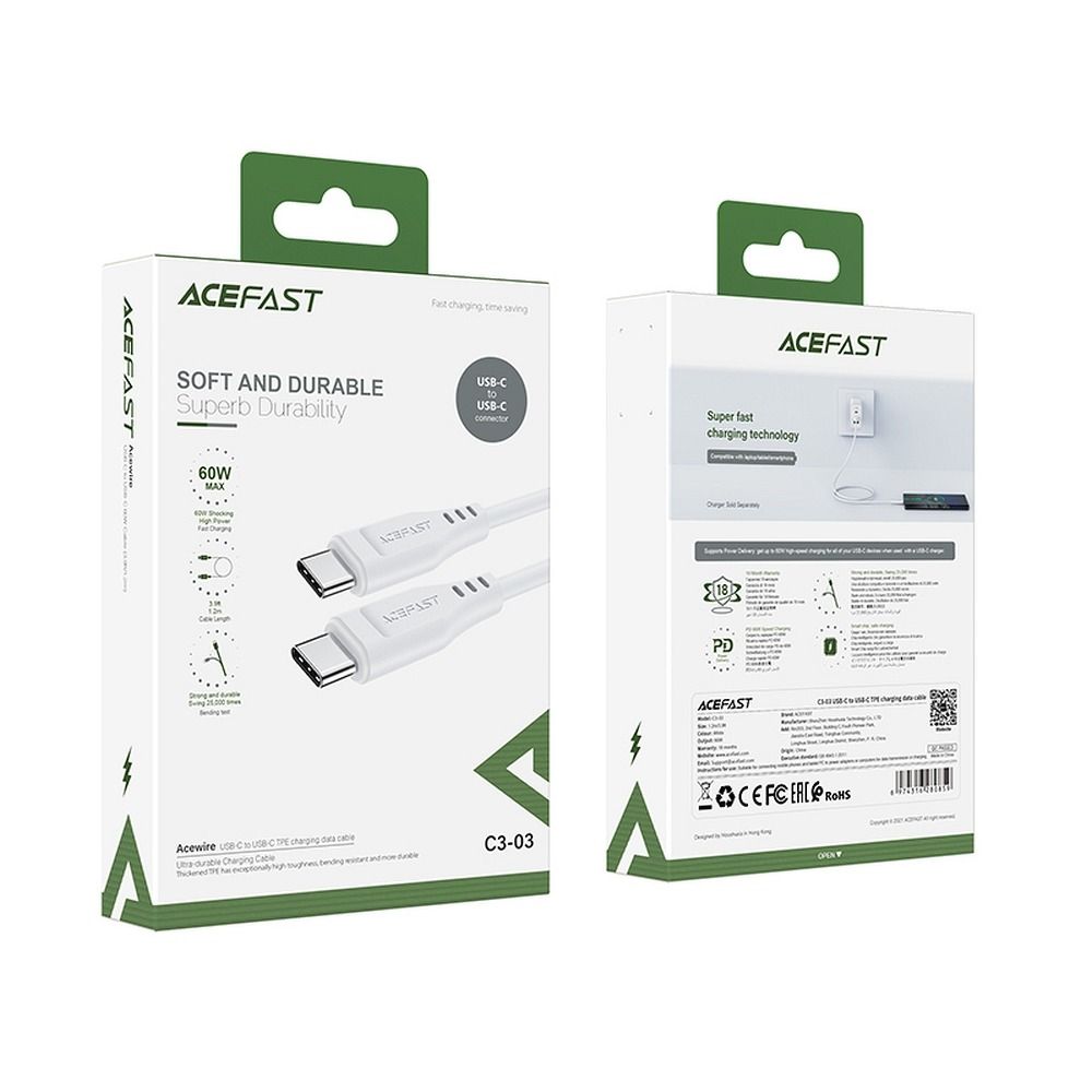 USB-C Data and Charging Cable - USB-C Acefast C3-03, 60W, 1.2m, White
