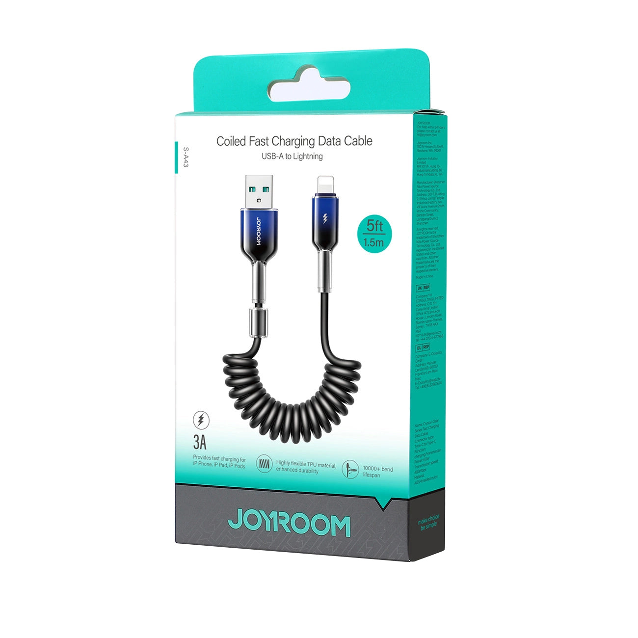 Câble de Données et de Charge USB-A - Lightning Joyroom S-A43 Crystal, 18W, 1.5m, Noir