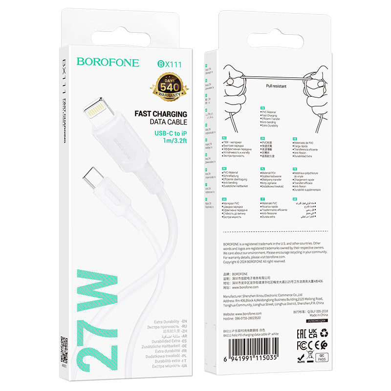 Daten- und Ladekabel USB-C - Lightning Borofone BX111 Feliz, 27W, 1m, Weiß