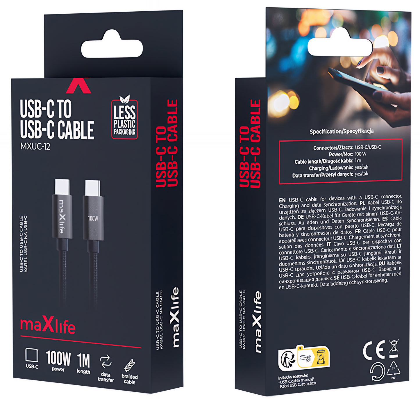 Câble de Données et de Charge USB-C - USB-C MaXlife MXUC-12, 100W, 1m, Noir