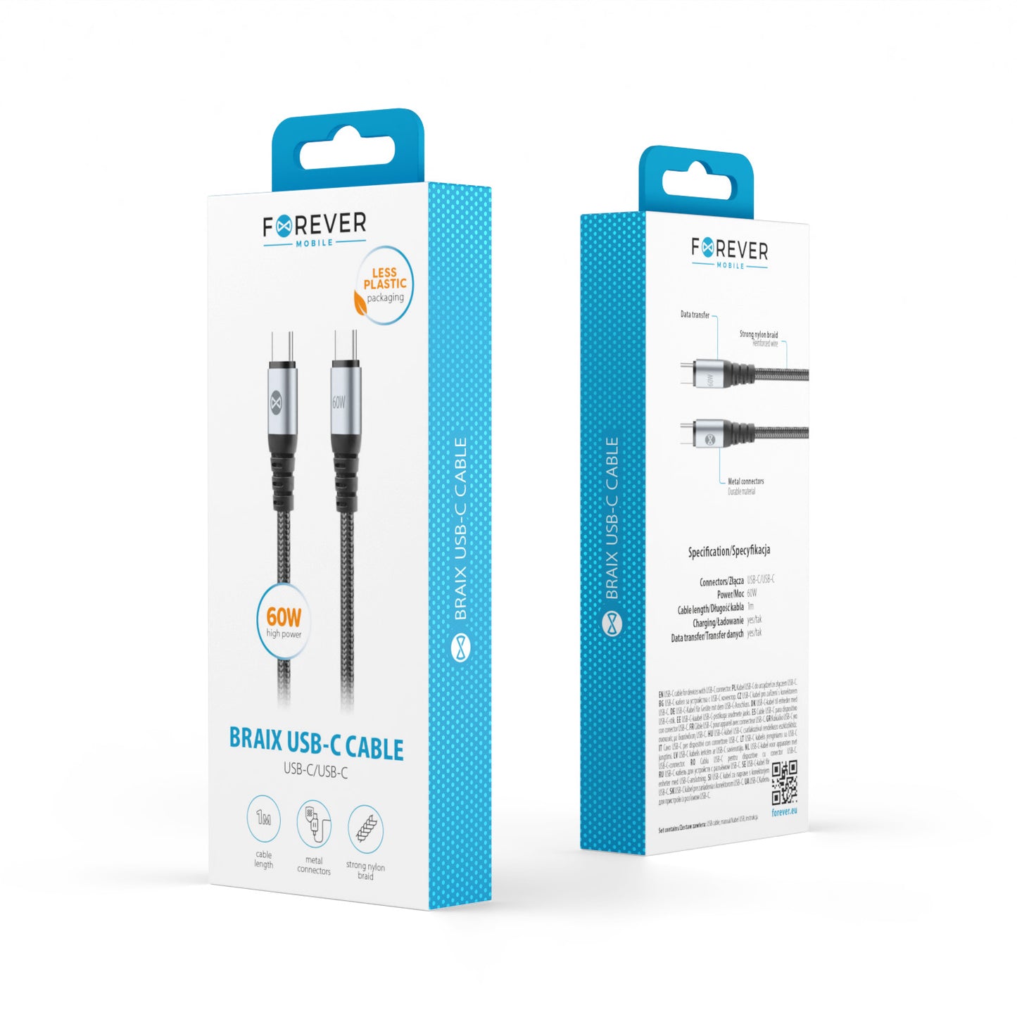 USB-C Daten- und Ladekabel - USB-C Forever Braix, 60W, 1m, Schwarz