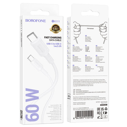 Câble de données et de charge USB-C - USB-C Borofone BX111 Feliz, 60W, 1m, blanc 