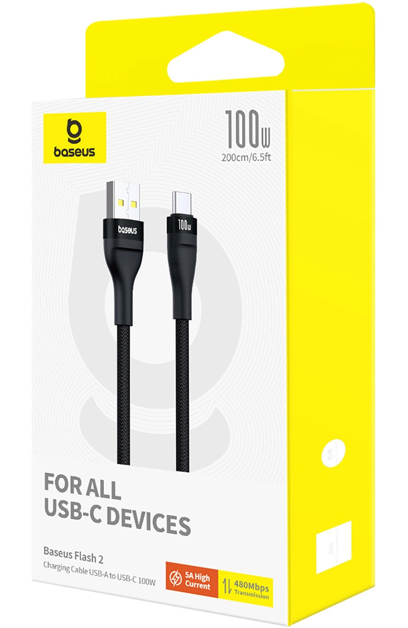 Câble de données et de charge USB-A - USB-C Baseus Flash Series II, 100W, 2m, Noir P10311804111-01