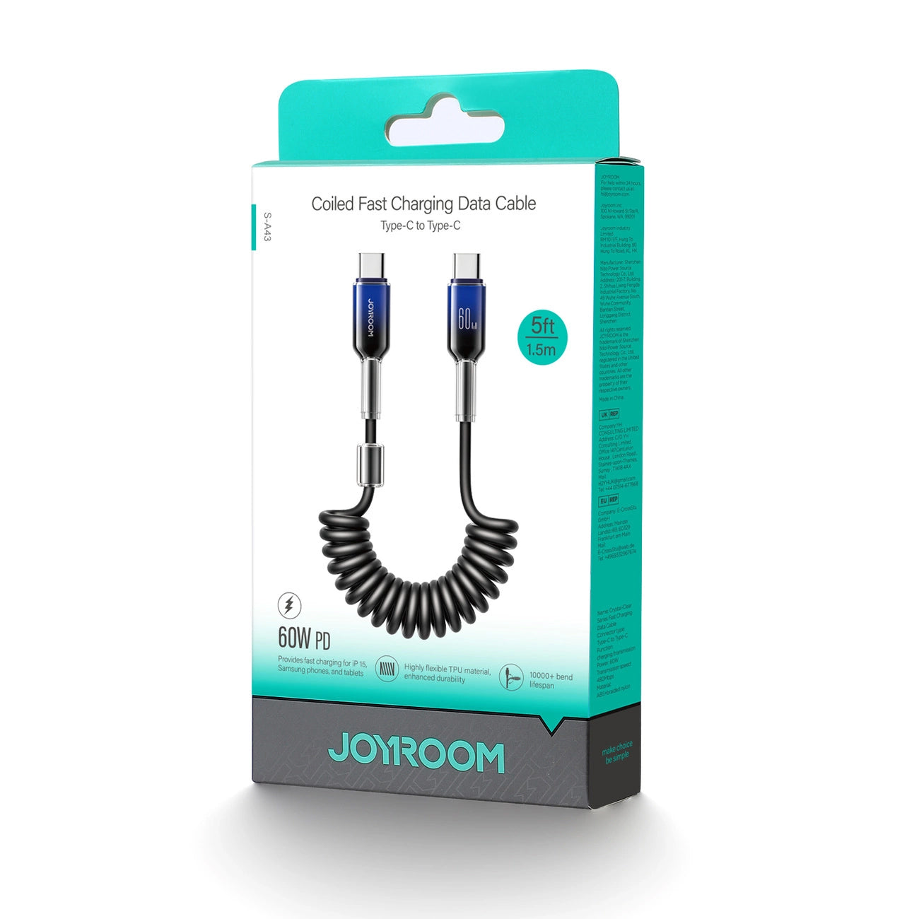 Câble de Données et de Charge USB-C - USB-C Joyroom S-A43 Crystal, 60W, 1.5m, Noir