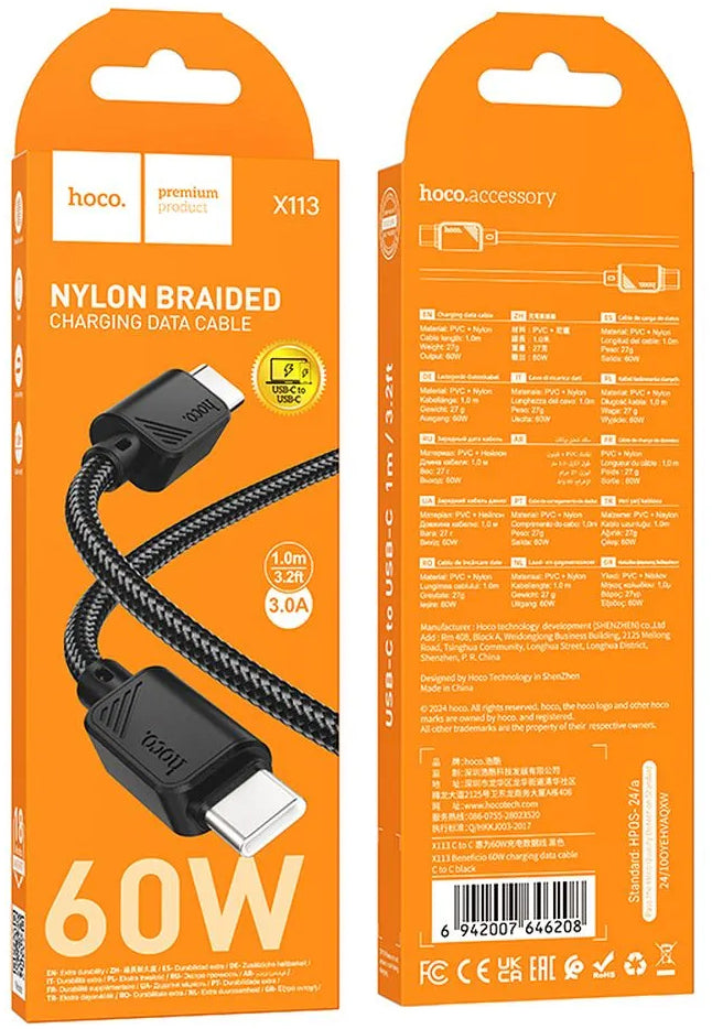 Câble de Données et de Charge USB-C - USB-C HOCO X113, 60W, 1m, Noir