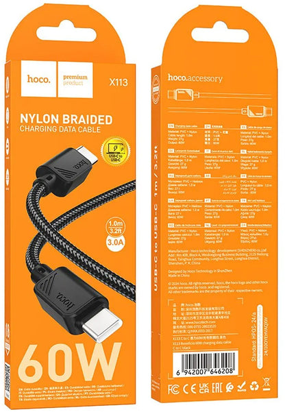 Câble de Données et de Charge USB-C - USB-C HOCO X113, 60W, 1m, Noir