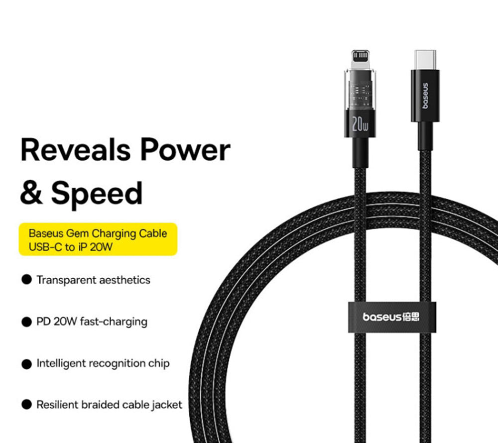 Câble de Données et de Charge USB-C - Lightning Baseus Gem, 20W, 1m, Noir P10373001111-00