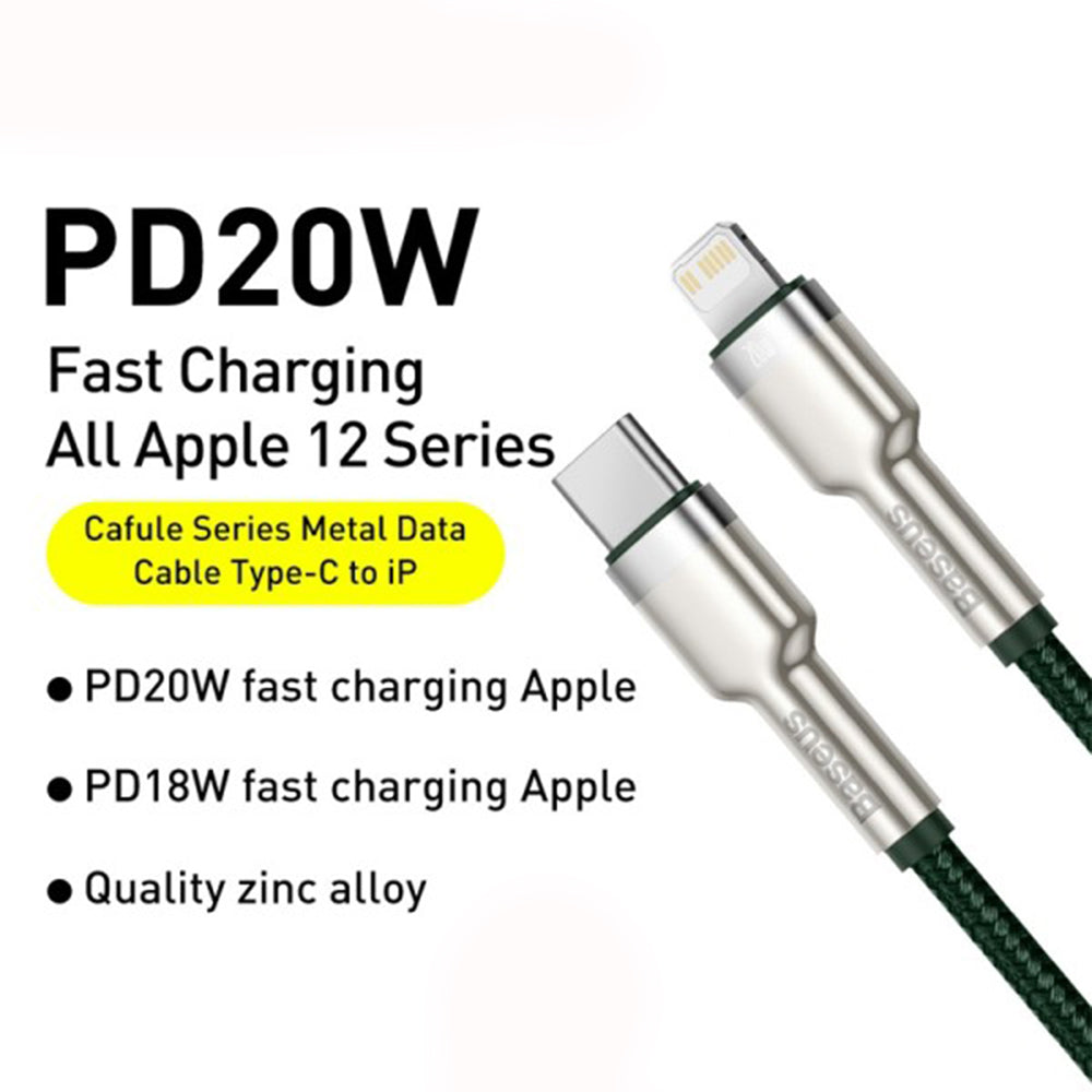 Câble de Données et de Charge USB-C - Lightning Baseus Cafule Metal Series, 20W, 2m, Vert CATLJK-B06