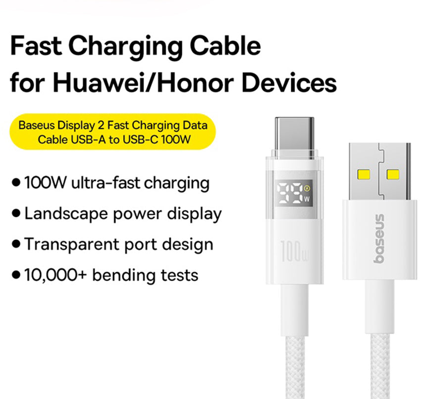 Câble de Données et de Charge USB-A - USB-C Baseus Display 2, 100W, 2m, Blanc P10382701211-01