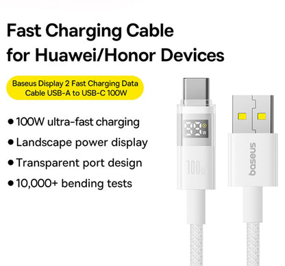 Câble de Données et de Charge USB-A - USB-C Baseus Display 2, 100W, 2m, Blanc P10382701211-01