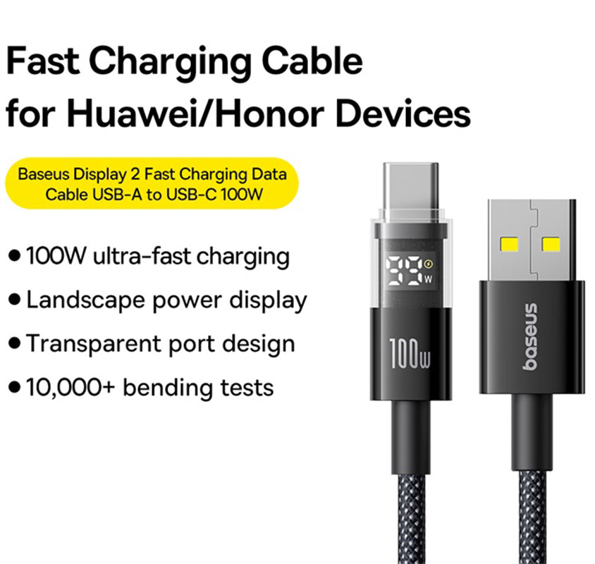 Câble de Données et de Charge USB-A - USB-C Baseus Display 2, 100W, 2m, Noir P10382701111-00