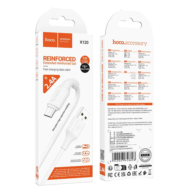 Câble de Données et de Charge USB-A - microUSB HOCO X120, 18W, 1m, Blanc