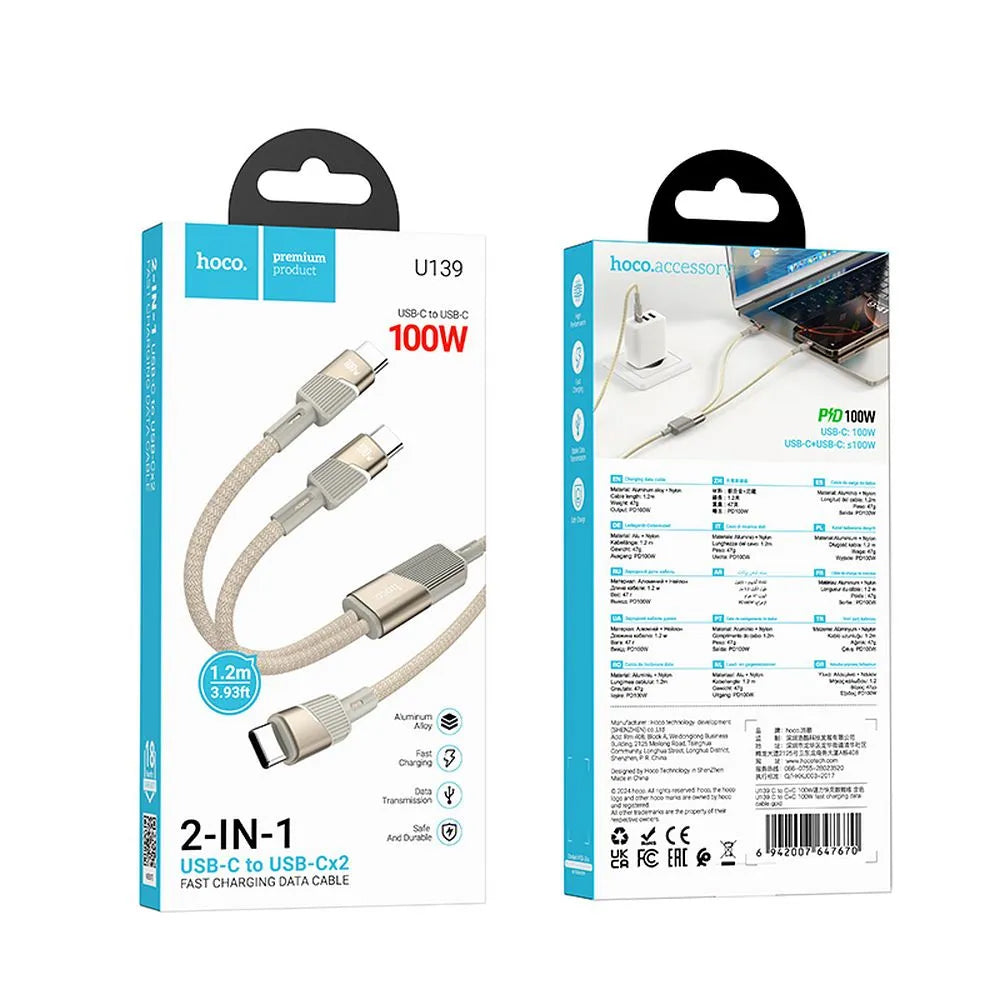 USB-C Daten- und Ladekabel - 2 x USB-C HOCO U139 2in1, 100W, 1.2m, Gold