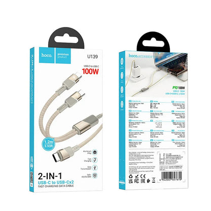 USB-C Daten- und Ladekabel - 2 x USB-C HOCO U139 2in1, 100W, 1.2m, Gold