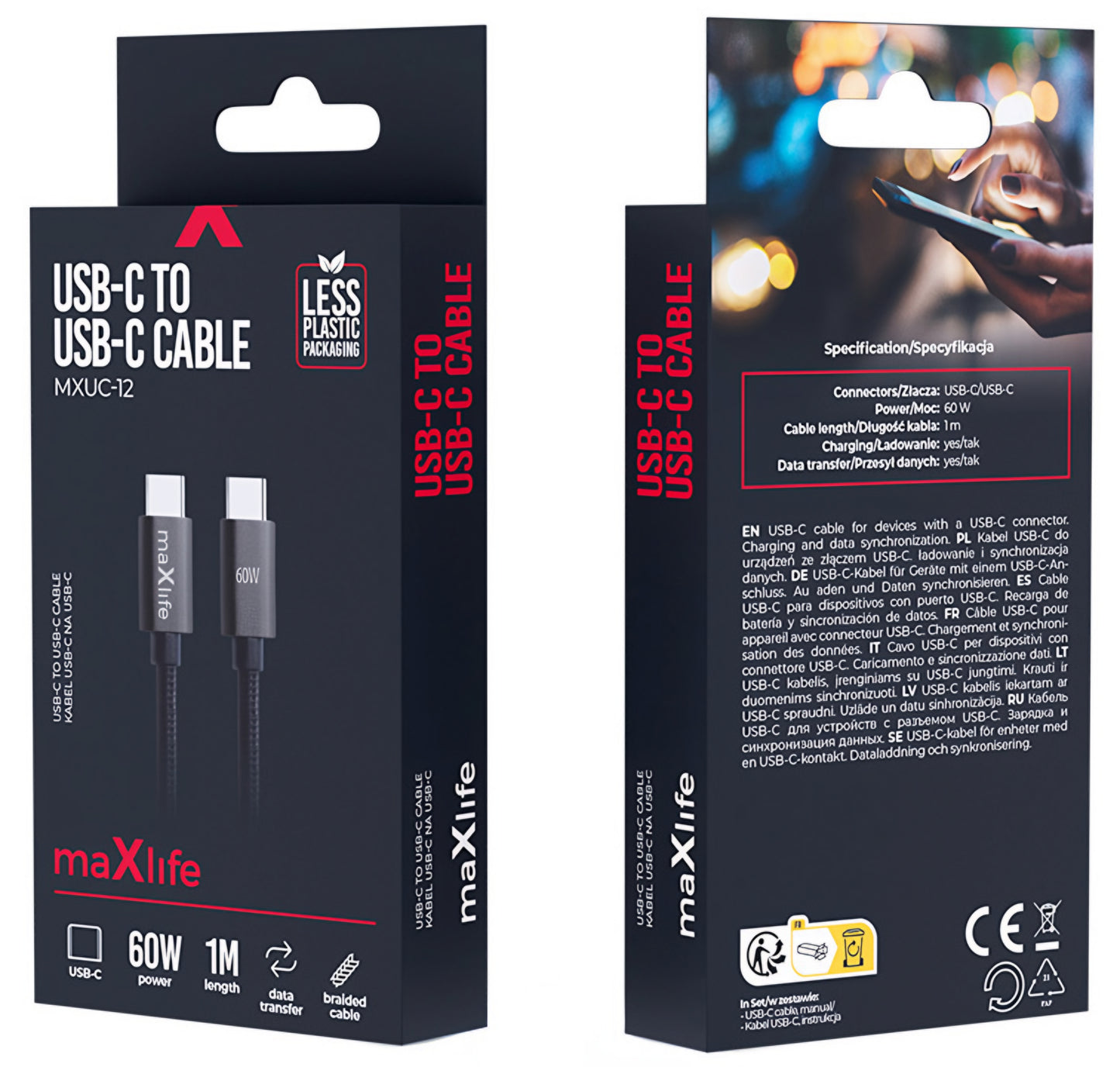 USB-C Daten- und Ladekabel - USB-C MaXlife MXUC-12, 60W, 1m, Schwarz
