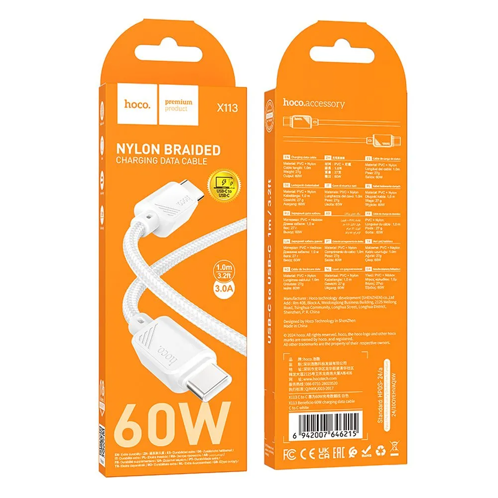Câble de données et de charge USB-C - USB-C HOCO X113, 60W, 1m, Blanc
