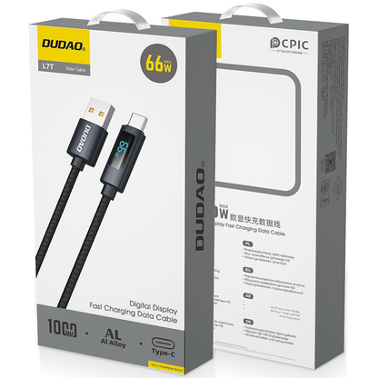 USB-A to USB-C Data and Charging Cable Dudao L7T Display, 66W, 1m, Black