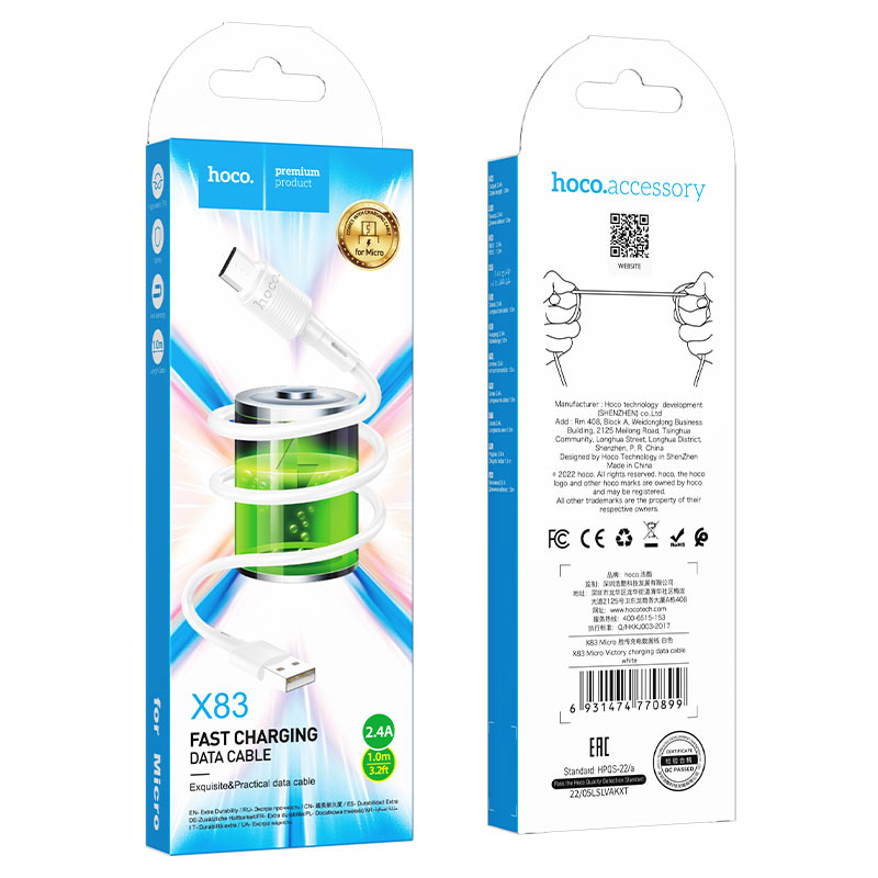 Câble de Données et de Charge USB-A - microUSB HOCO X83 Victory, 18W, 1m, Blanc
