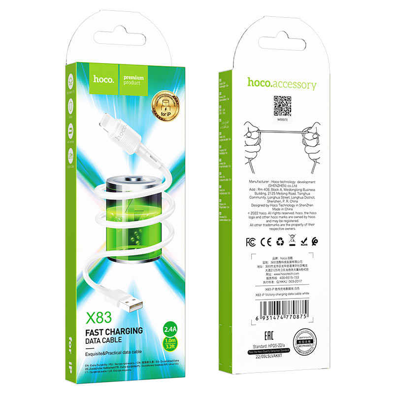Câble de Données et de Charge USB-A - Lightning HOCO X83 Victory, 18W, 1m, Blanc