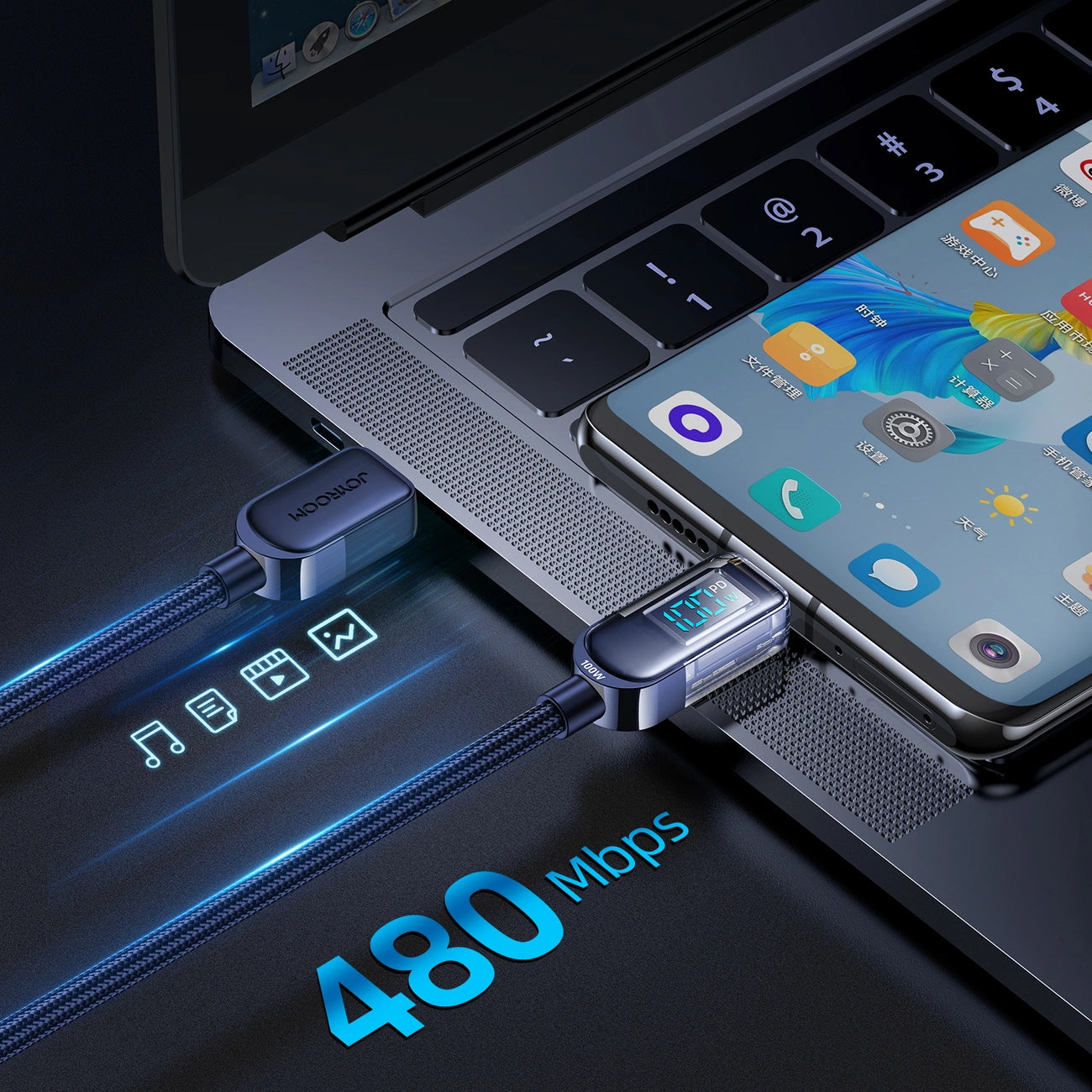 Câble de Données et de Charge USB-C - USB-C Joyroom A4 Display, 100W, 1.2m, Bleu