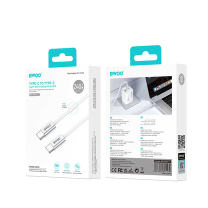 Câble de Données et de Charge USB-C - USB-C BWOO BO-X317C, 240W, 1m, Blanc