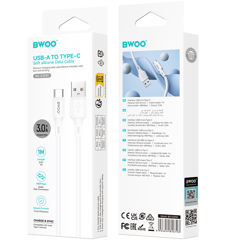 Câble de données et de charge USB-A - USB-C BWOO X329C, 18W, 1m, Blanc
