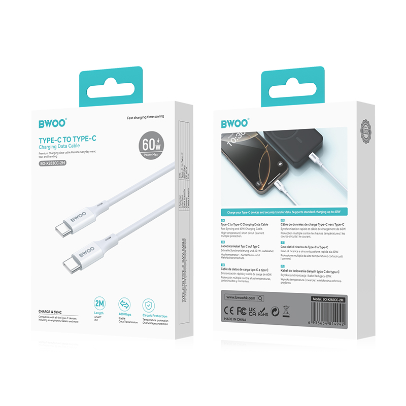 Câble de données et de charge USB-C - USB-C BWOO BO-X283CC-2M, 60W, 2m, Blanc
