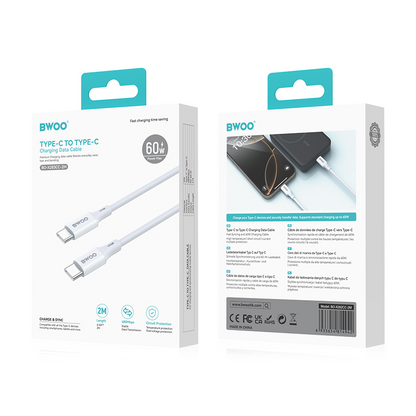Câble de données et de charge USB-C - USB-C BWOO BO-X283CC-2M, 60W, 2m, Blanc