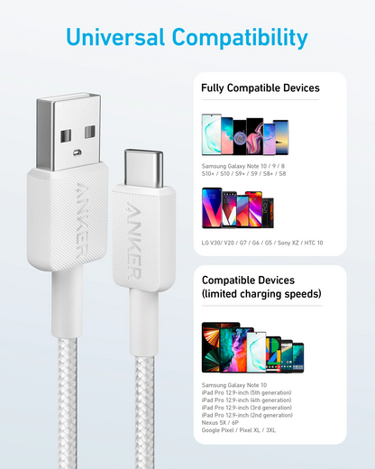 USB-A to USB-C Anker 322 Data and Charging Cable, 18W, 1.8m, White A81H6G21