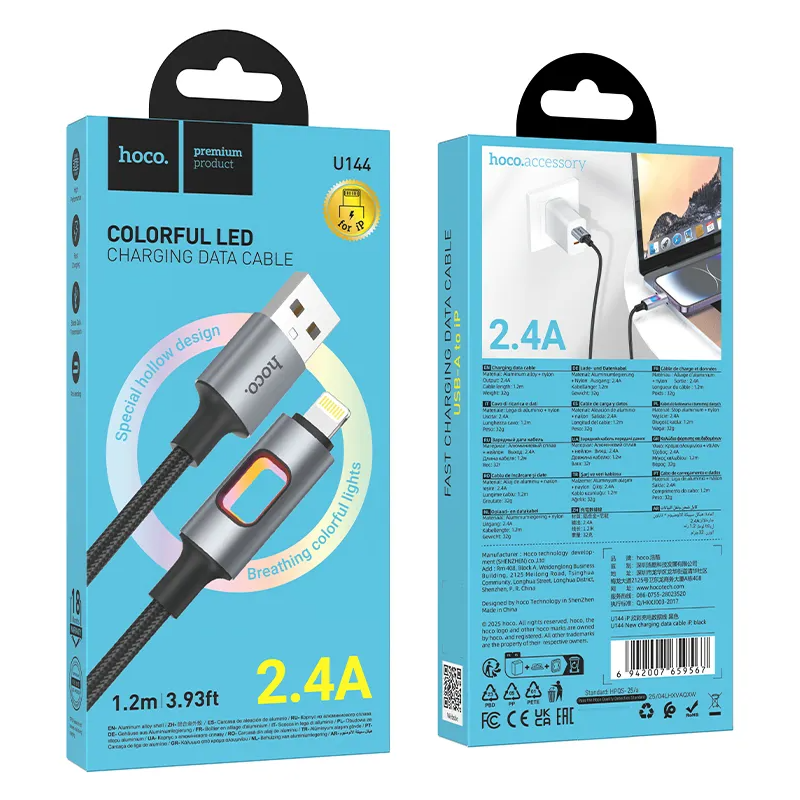 USB-A - Lightning Daten- und Ladekabel HOCO U144 Led, 18W, 1,2m, Schwarz