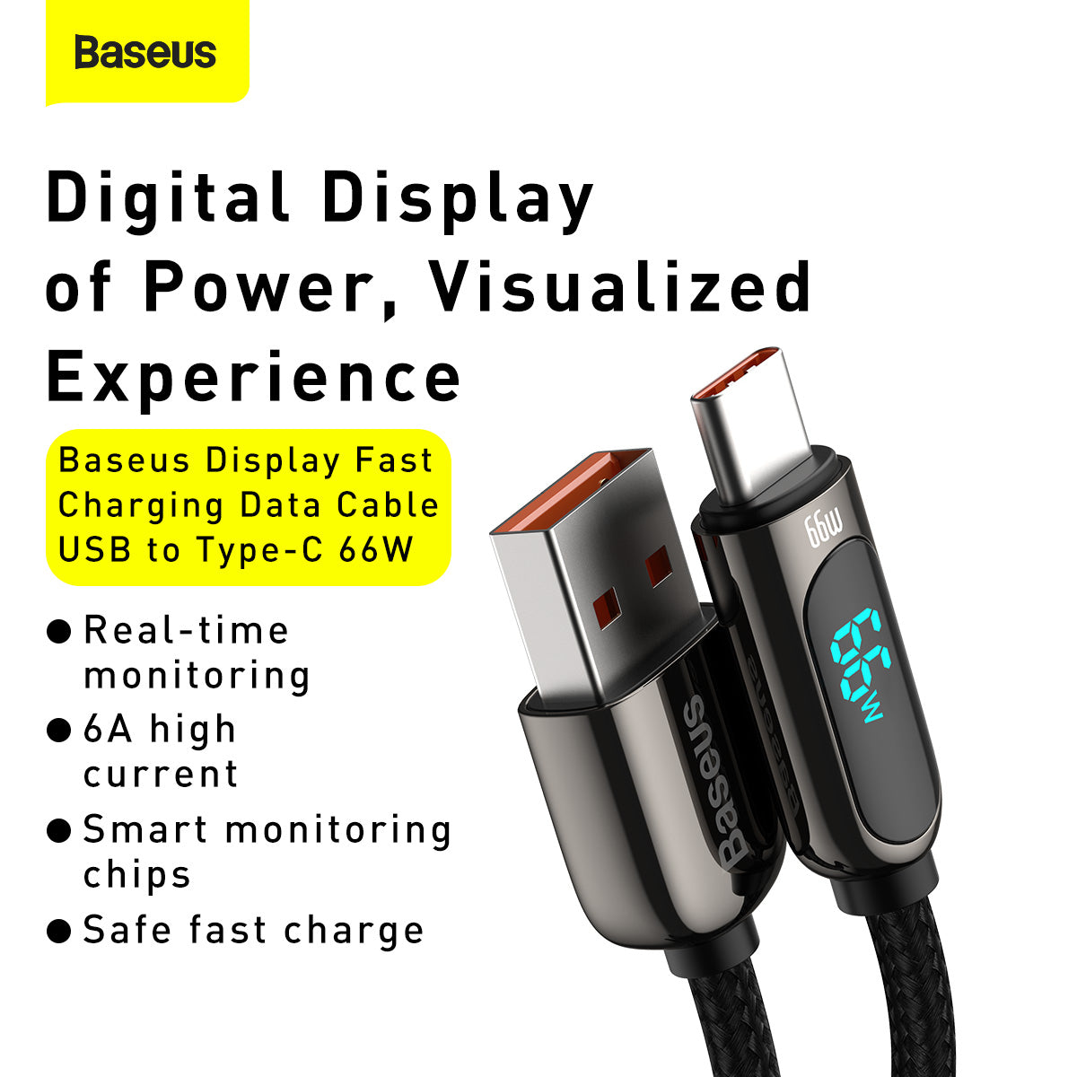 USB-A to USB-C Data and Charging Cable by Baseus, 66W, 2m, Black CASX020101